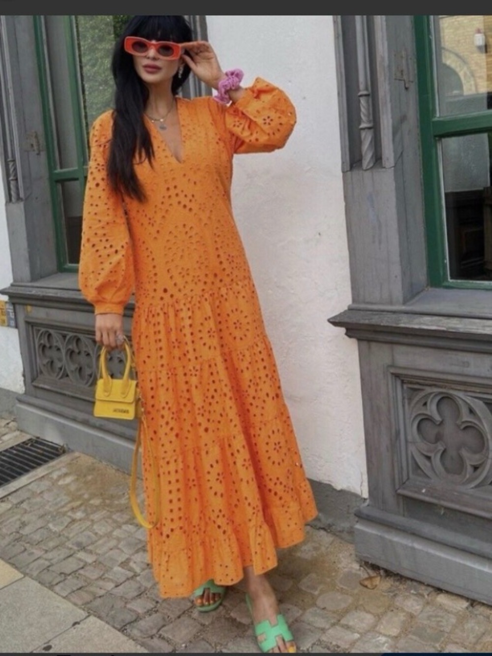 Zara Orange Eyelet V-Neck Maxi Dress-S